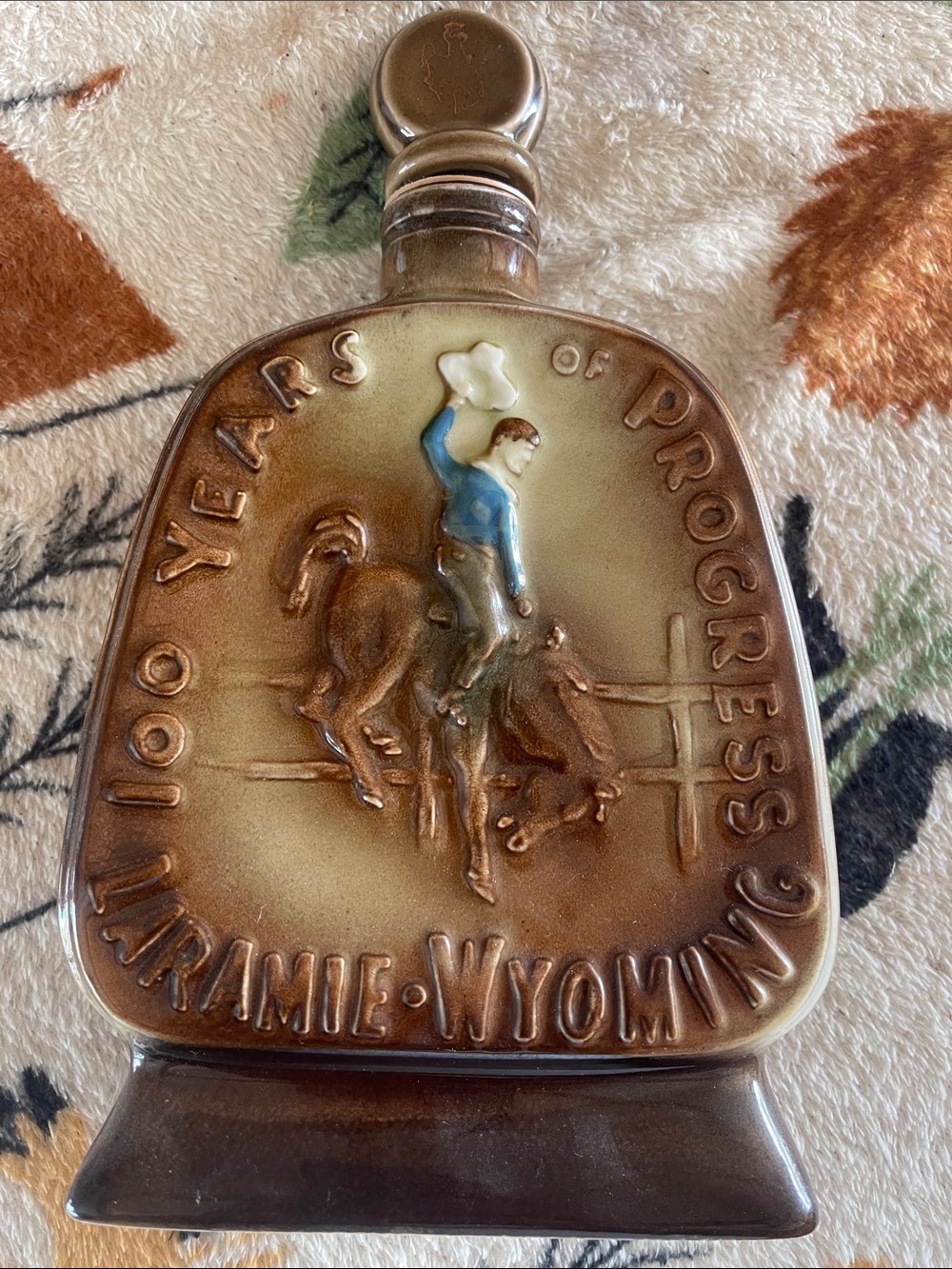 Cheyenne Wyoming Centennial Ceramic Decanter - Brown & Cream 58 years old!